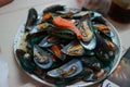 Pictured top view, baked mussels, herbs, seafood food concept