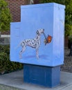 Traffic signal box painting by artist Karen Cox at Fire Station #1 in Grand Prairie, Texas.
