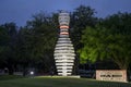 Twenty-feet-high metallic bowling pin sculpture outside the International Bowling Museum and Hall of Fame in Arlington, Texas.