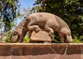 Carved stone ancient statue above a fountain in the Kasbah Tamadot, Sir Richard Branson`s Moroccan Retreat.