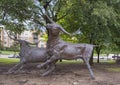 Longhorn Steer bronze sculptures by Anita Pauwels, part of a public art installation titled `Cattle Drive` in Central Park