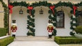 Two nutcrackers guarding the steps at the end of the front sidewalk to an expensive home in Dallas, Texas