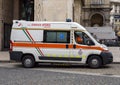 Volunteer ambulance of the Croce d`Oro Milano on the Piazza del Duomo, Milan, Italy