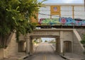 Historic West Street Bridge underpass in downtown Arlington, Texas.