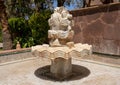 White marble centerpiece of a fountain in an outside courtyard of the Kasbah Tamadot, Sir Richard Branson`s Moroccan Retreat.