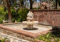 White marble centerpiece of a fountain in an outside courtyard of the Kasbah Tamadot, Sir Richard Branson`s Moroccan Retreat.