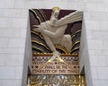 `Wisdom`, an Art Deco icon created by Lee Lawrie looming over the main entrance to 30 Rockefeller Plaza, New York City.