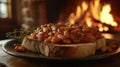 Pictureperfect beans on toast oozing with flavorful sauce and accompanied by the comforting warmth of a nearby fireplace Royalty Free Stock Photo