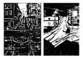 Pictures is drawn with ink. City street. Cars, road, people and buildings. Black and white colors.