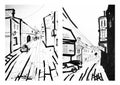 Pictures is drawn with ink. City street. Cars, road, people and buildings. Black and white colors.