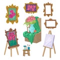 Set of painting objects. Easel with canvas, paintings and still life. Vector illustration