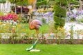 Pictures of a path through the garden with flowers and a decorative statue of a bird