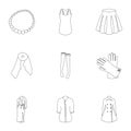 Pictures about types of women`s clothing. Outerwear and underwear for women and girls. Woman clothes icon in set