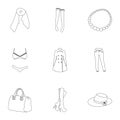 Pictures about types of women`s clothing. Outerwear and underwear for women and girls. Woman clothes icon in set