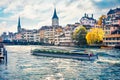 Picturesdque morning view of Fraumunster Church. Sunny autumn cityscape of Zurich, Switzerland, Europe. Colorful landscape of Limm Royalty Free Stock Photo