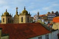 Picturesque aerial cityscape view the top of the medieval cathedrals and traditional ancient colorful buildings Royalty Free Stock Photo