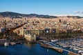 Picturesque aerial landscape of historic part of Barcelona during sunny day