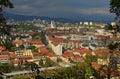 Picturesque aerial view of city of Ljubljana against blue sky. Mountain range in the background