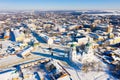 Snow covered Zaraysk cityscape with Trinity Church on sunny day