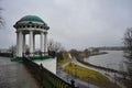 Picturesque alcove on the Kotorosl River embankment in Yaroslavl on a cloudy day