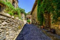 Picturesque alley with houses made of stone and pots with flowers in the medieval village of Beget, Girona, Catalonia. Royalty Free Stock Photo
