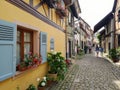 Picturesque alleys of Eguisheim, tipical old houses in rhenish style, decorated with flowers. France