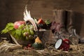 Picturesque autumn composition with basket, fruits, pumpkin, win Royalty Free Stock Photo