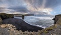 Picturesque autumn evening view to Reynisfjara ocean  black volcanic sand beach and rock formations from Dyrholaey Cape, Vik, Royalty Free Stock Photo