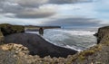 Picturesque autumn evening view to Reynisfjara ocean  black volcanic sand beach and rock formations from Dyrholaey Cape, Vik, Royalty Free Stock Photo