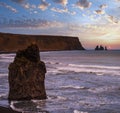 Picturesque autumn evening view to Reynisfjara ocean black volcanic sand beach and rock formations from Dyrholaey Cape, Vik, Royalty Free Stock Photo