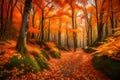 A picturesque autumn forest background featuring vibrant colors of red and orange foliage in a fall park, setting the perfect Royalty Free Stock Photo