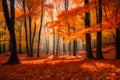 A picturesque autumn forest background featuring vibrant colors of red and orange foliage in a fall park, Royalty Free Stock Photo
