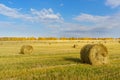 Picturesque autumn landscape with beveled field and straw bales. Royalty Free Stock Photo