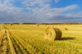 Picturesque autumn landscape with beveled field and straw bales. Royalty Free Stock Photo