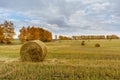 Picturesque autumn landscape with beveled field and straw bales. Royalty Free Stock Photo