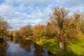 Picturesque autumn landscape in blue and yellow colors in the Brest Fortress, Belarus