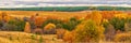 Picturesque autumn landscape in green and yellow colors. Panoramic view from hill to lowland with grove and field in cloudy day.