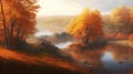 Picturesque autumn landscape with trees and bushes on the river bank in warm colors. The AI generation Royalty Free Stock Photo