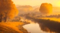 Picturesque autumn landscape with yellow trees near the river in a foggy sunny morning, the reflection of trees in the river water Royalty Free Stock Photo