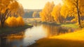 Picturesque autumn landscape with yellow trees near the river in a foggy sunny morning, the reflection of trees in the river water Royalty Free Stock Photo