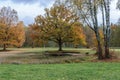 A picturesque autumn landscape with yellowed trees near a small pond Royalty Free Stock Photo