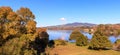 Picturesque autumn panorama landscape Karapiro lake, Waikato, New Zealand