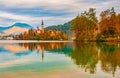 Picturesque autumn scenery of Lake Bled, Slovenia Royalty Free Stock Photo