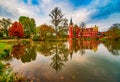 Picturesque autumn scenery of Muskau Castle in famous Muskau Park, Germany. UNESCO World Heritage Site