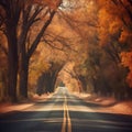 Picturesque Autumn Trees Lining a Serene Road. Generative AI