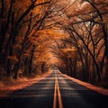 Picturesque Autumn Trees Lining a Serene Road. Generative AI