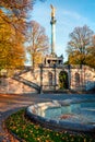 Picturesque autumn view of Angel of Peace Friedensengel monument, park statue of a golden angel on a column is a monument to