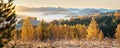 Picturesque autumn view, panorama. Morning fog, mountain valley, golden autumn Royalty Free Stock Photo