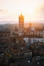 Picturesque backlit view of Siena Cathedral Santa Maria Assunta (Duomo) from Torre del Mangia tower at sunset golden hour, Tuscany Royalty Free Stock Photo