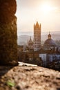 Picturesque backlit view of Siena Cathedral Santa Maria Assunta (Duomo) from Torre del Mangia tower at sunset golden hour, Tuscany Royalty Free Stock Photo